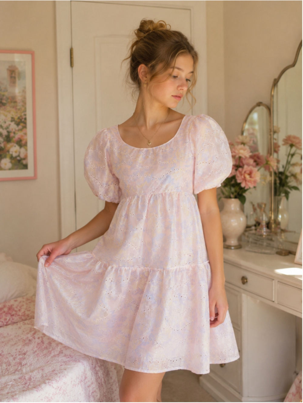 Teen Girls 16 Blush Floral Eyelet Tiered Puff Sleeve Dress Open Back